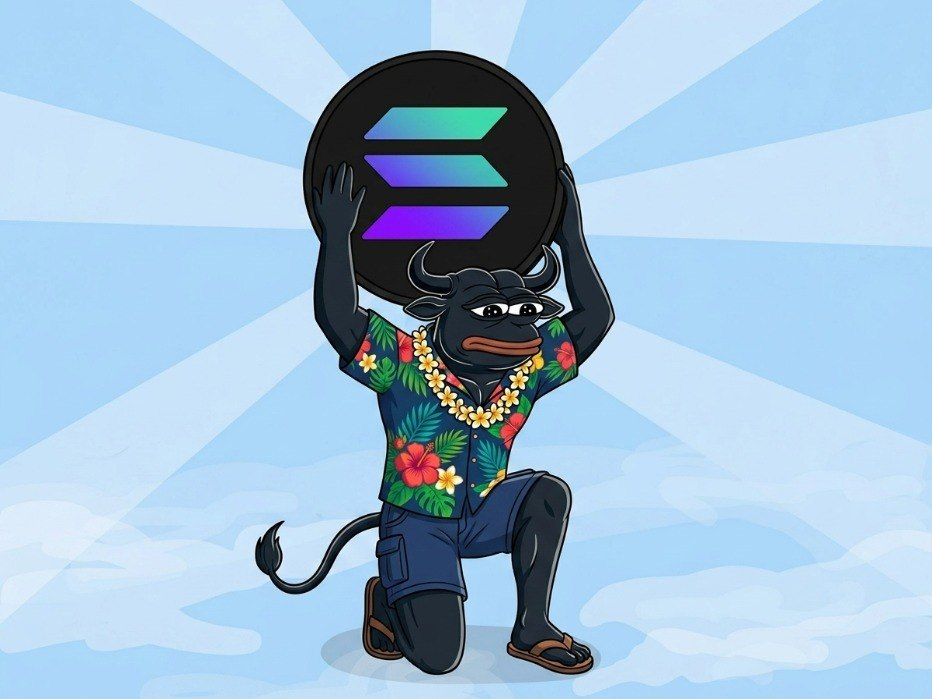 Bull in a Hawaiian shirt kneeling and holding up a Solana coin