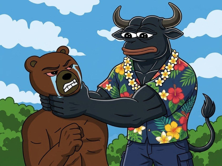 Bull grabbing a crying bear by the neck
