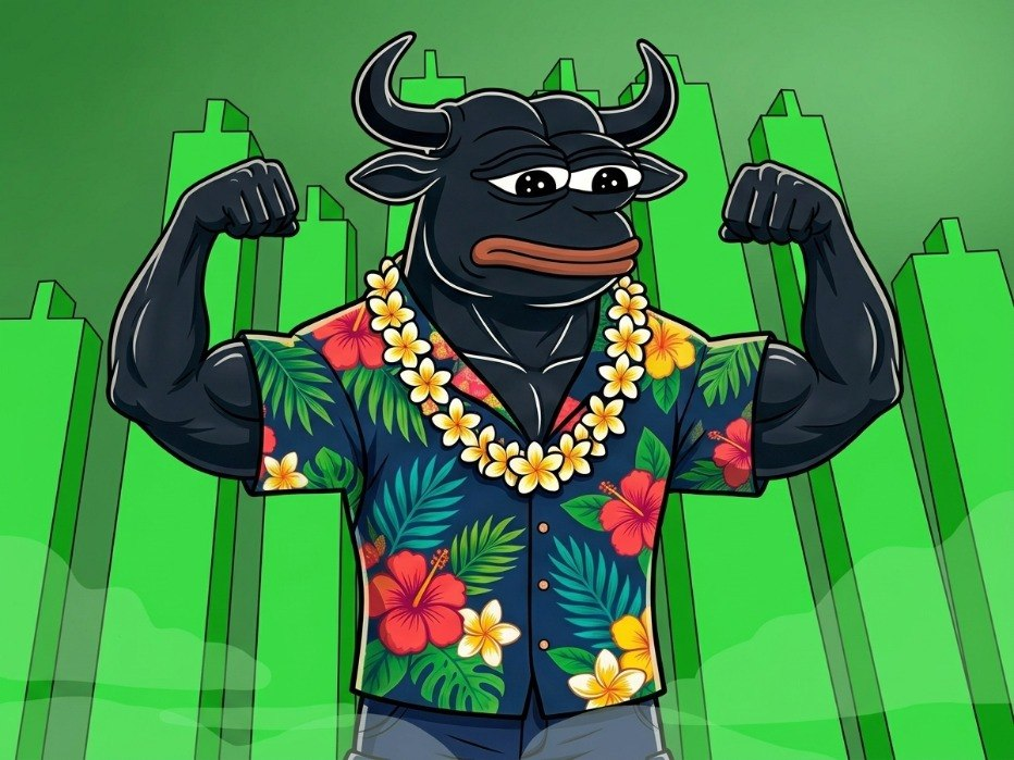 Muscular bull flexing in front of green candlestick buildings