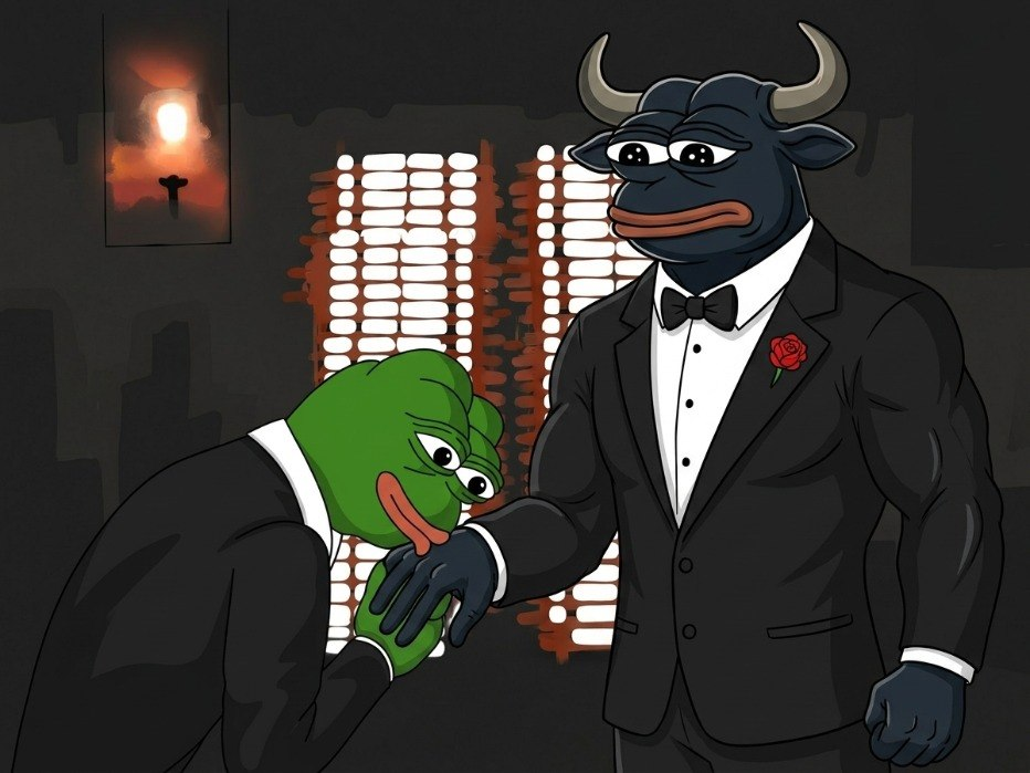 Bull in a tuxedo with Pepe kissing his hand, Godfather style